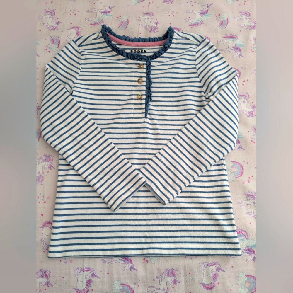 Mini Boden Cozy Striped Henley Girls Shirt - Blue and White